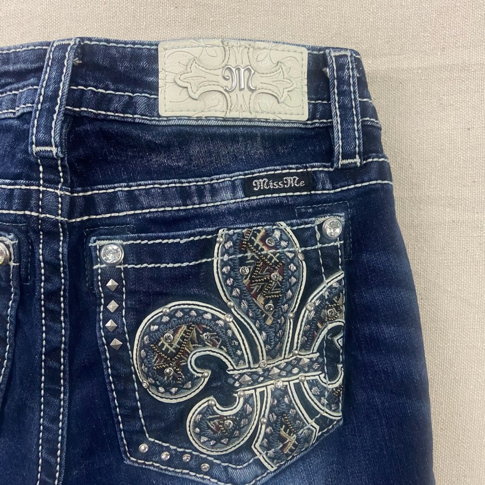 Miss Me Hailey Skinny Jeans Womens 26 Blue Dark Wash Fleur De Lis Embellished